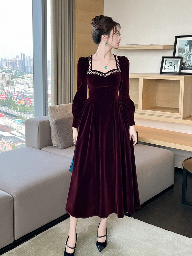 秋冬 ファッション長袖 ドレス ベルベット ロングワンピース レッド 結婚式 キャバ 卒業式 結婚式 ウェディング 二次会 パーティードレス ワンピース
