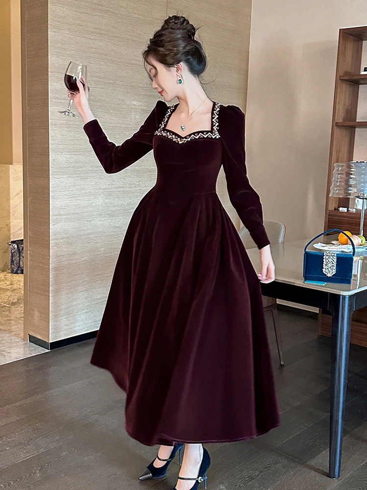 秋冬 ファッション長袖 ドレス ベルベット ロングワンピース レッド 結婚式 キャバ 卒業式 結婚式 ウェディング 二次会 パーティードレス ワンピース