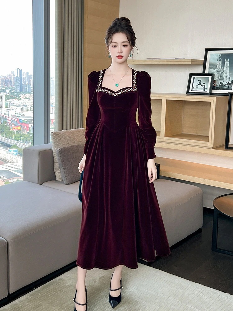 秋冬 ファッション長袖 ドレス ベルベット ロングワンピース レッド 結婚式 キャバ 卒業式 結婚式 ウェディング 二次会 パーティードレス ワンピース