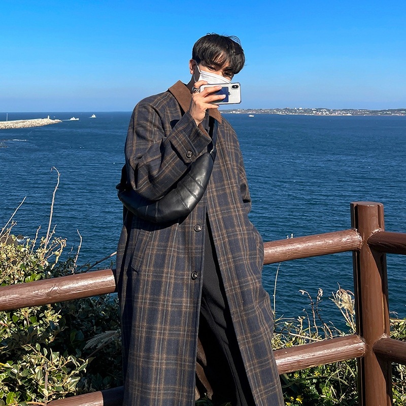 チェック柄ツイードコートメンズミディアム丈秋冬トレンド韓国版ウィンドブレーカールーズカジュアルジャケット