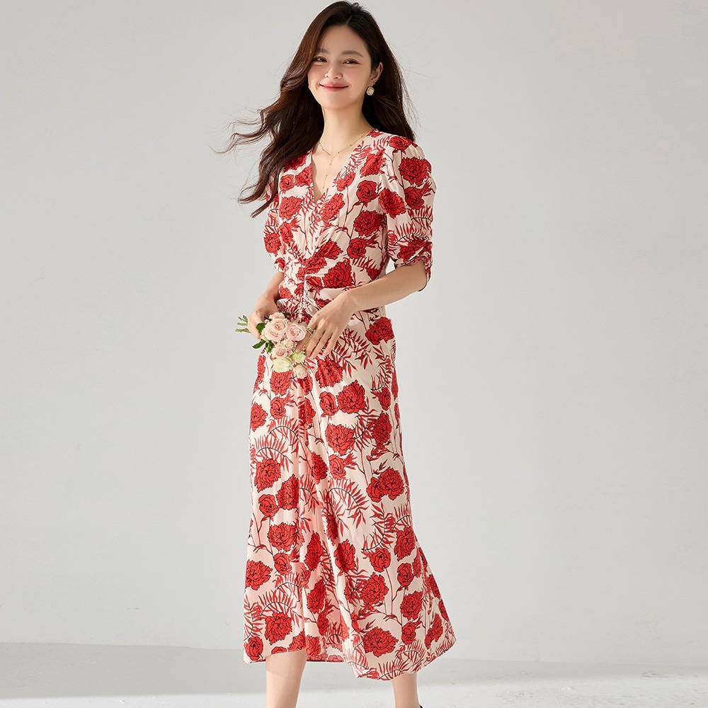 【送.料.無.料.急速発送】Vネックバブルスリーブウエストゴムプリーツバラプリント長ワンピース 【送.料.無.料.急速発送】Vネックバブルスリーブウエストゴムプリーツバラプリント長ワンピース