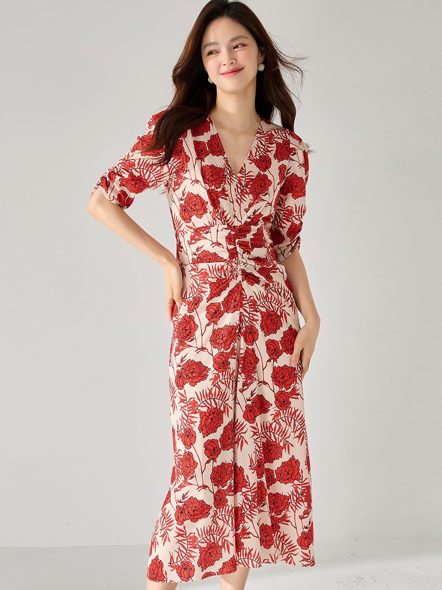 【送.料.無.料.急速発送】Vネックバブルスリーブウエストゴムプリーツバラプリント長ワンピース 【送.料.無.料.急速発送】Vネックバブルスリーブウエストゴムプリーツバラプリント長ワンピース