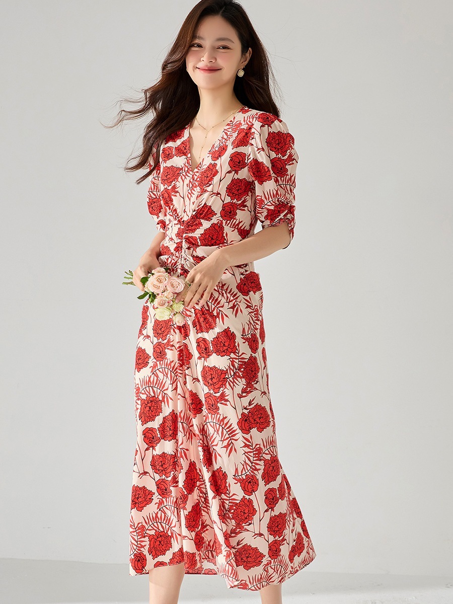 【送.料.無.料.急速発送】Vネックバブルスリーブウエストゴムプリーツバラプリント長ワンピース 【送.料.無.料.急速発送】Vネックバブルスリーブウエストゴムプリーツバラプリント長ワンピース