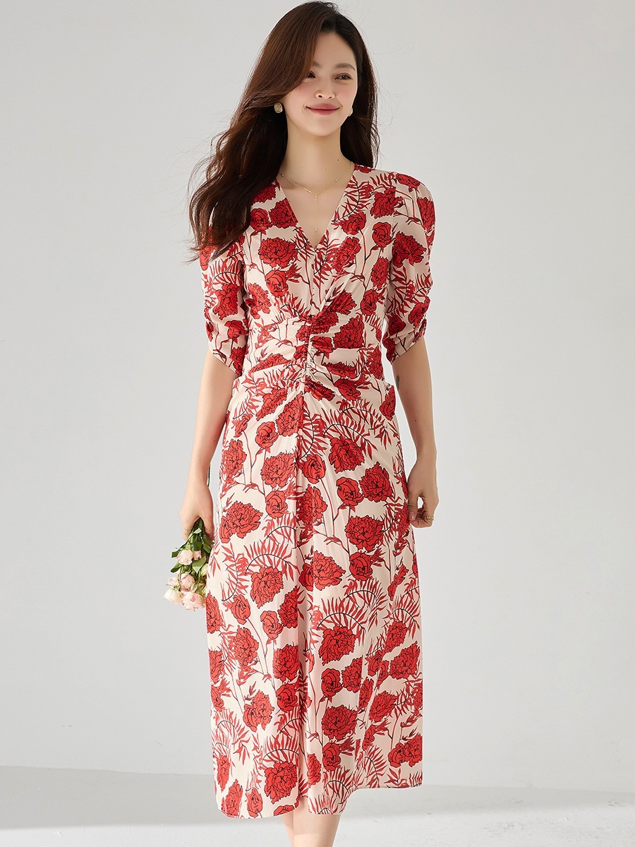 【送.料.無.料.急速発送】Vネックバブルスリーブウエストゴムプリーツバラプリント長ワンピース 【送.料.無.料.急速発送】Vネックバブルスリーブウエストゴムプリーツバラプリント長ワンピース