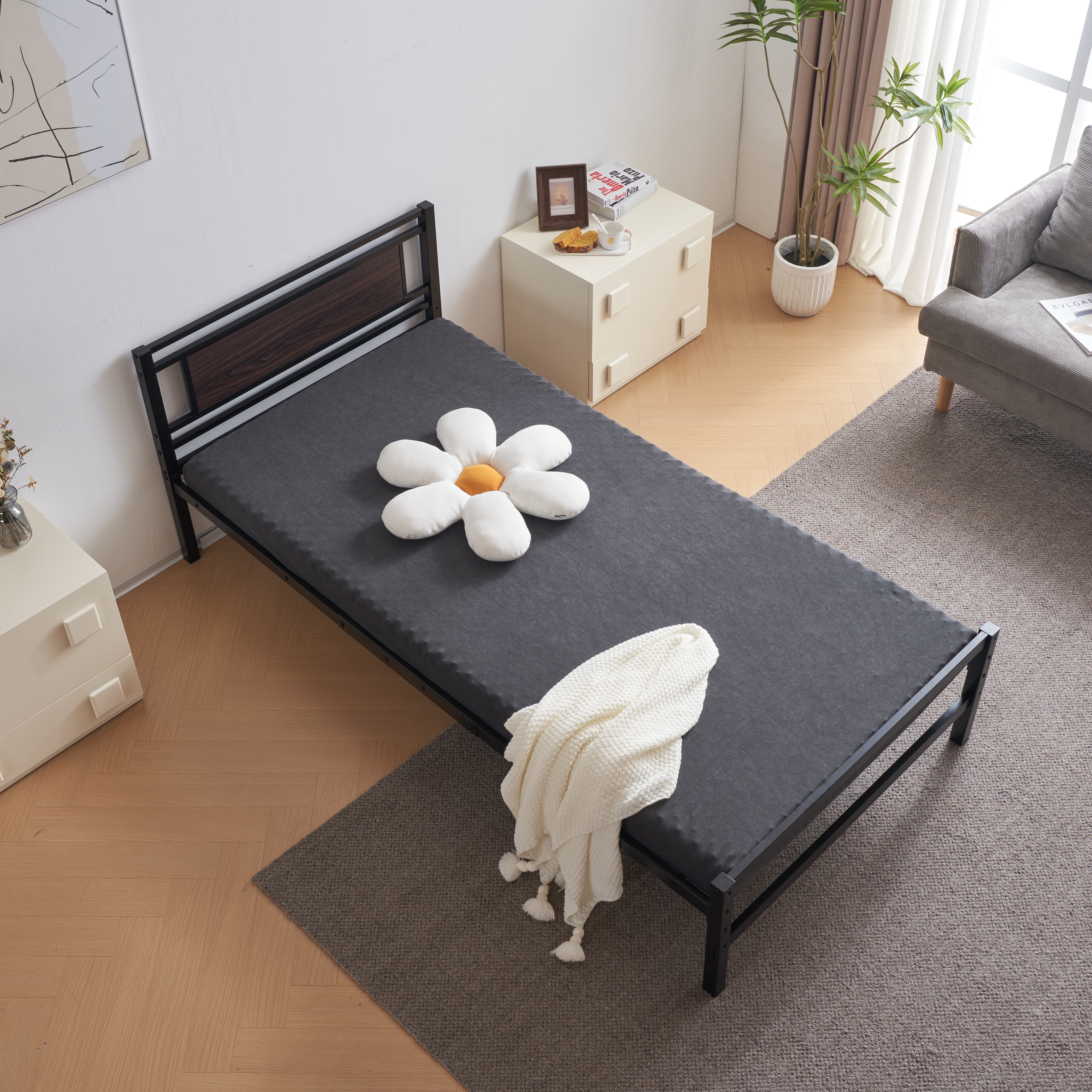 新作】【ブラック】パイプベッド シングル ベッド 宮 三段階高さ調整可