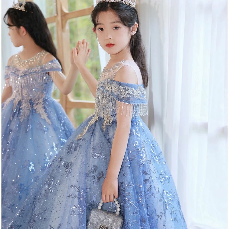 子供ドレス ブルー ピアノ発表会ドレス ロング キラキラドレス