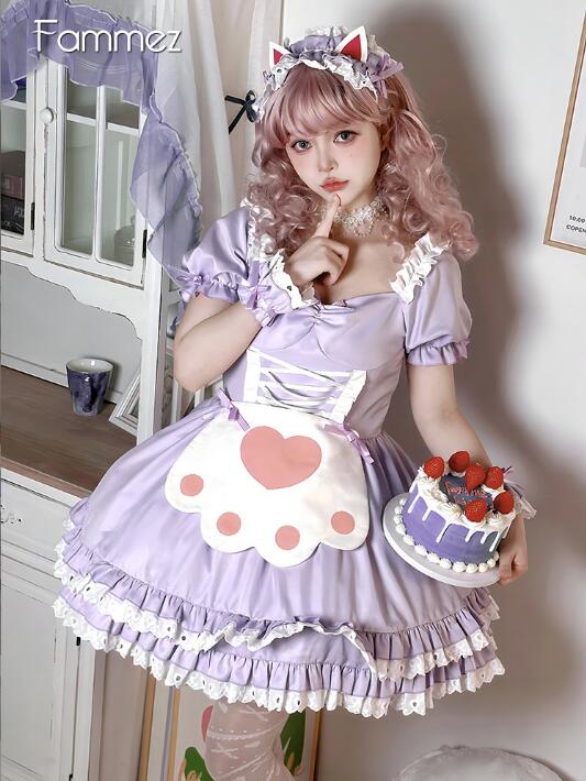 大人 メイド服 可愛いロリータワンピース パープル メイド服 猫爪柄 ハロウィン コスプレ衣装 ショート丈 ロリータ服 メイド服 コスチューム 紫