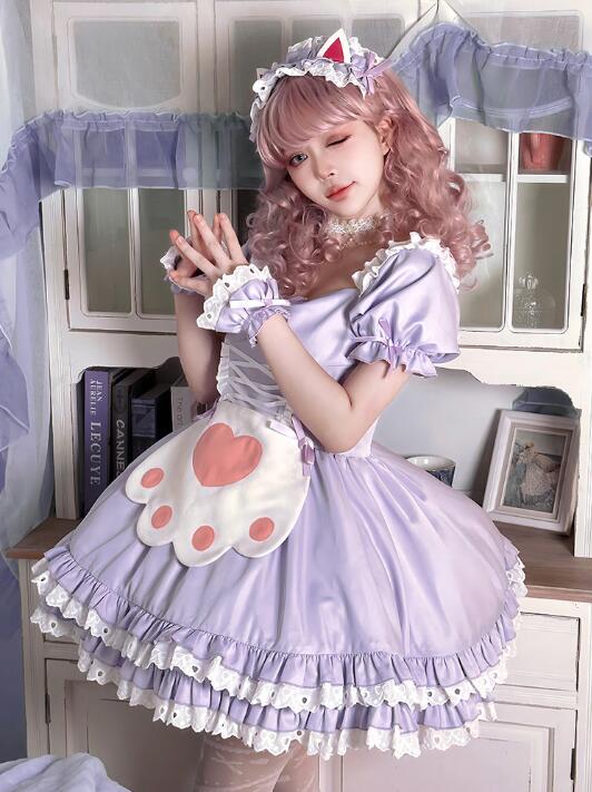 大人 メイド服 可愛いロリータワンピース パープル メイド服 猫爪柄 ハロウィン コスプレ衣装 ショート丈 ロリータ服 メイド服 コスチューム 紫