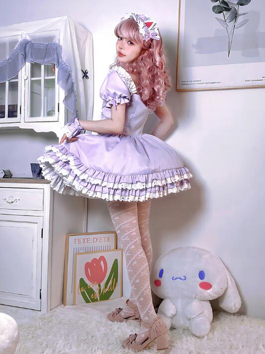 大人 メイド服 可愛いロリータワンピース パープル メイド服 猫爪柄 ハロウィン コスプレ衣装 ショート丈 ロリータ服 メイド服 コスチューム 紫