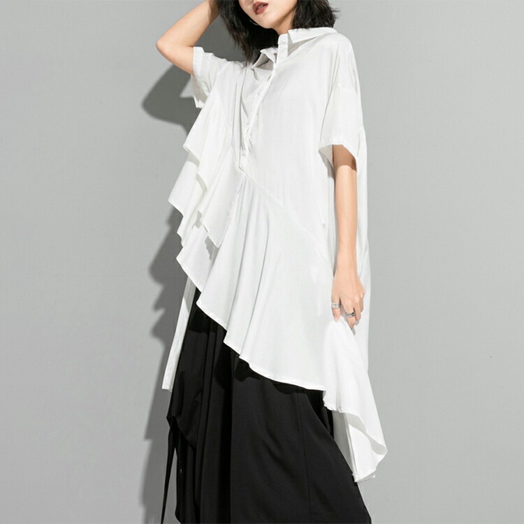 アシンメトリー トップス レディース春 夏 半袖 シャツ 上品 ダブルフリル フィッシュテール シャツワンピース ティアード ヘムカット ワンピ イレギュラーヘム ゴシック モード系 黒 白 プレゼン アシンメトリー トップス レディース春 夏 半袖 シャツ 上品 ダブルフリル フィッシュテール シャツワンピース ティアード ヘムカット ワンピ イレギュラーヘム ゴシック モード系 黒 白 プレゼン