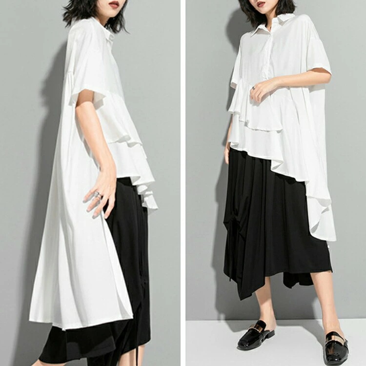 アシンメトリー トップス レディース春 夏 半袖 シャツ 上品 ダブルフリル フィッシュテール シャツワンピース ティアード ヘムカット ワンピ イレギュラーヘム ゴシック モード系 黒 白 プレゼン アシンメトリー トップス レディース春 夏 半袖 シャツ 上品 ダブルフリル フィッシュテール シャツワンピース ティアード ヘムカット ワンピ イレギュラーヘム ゴシック モード系 黒 白 プレゼン