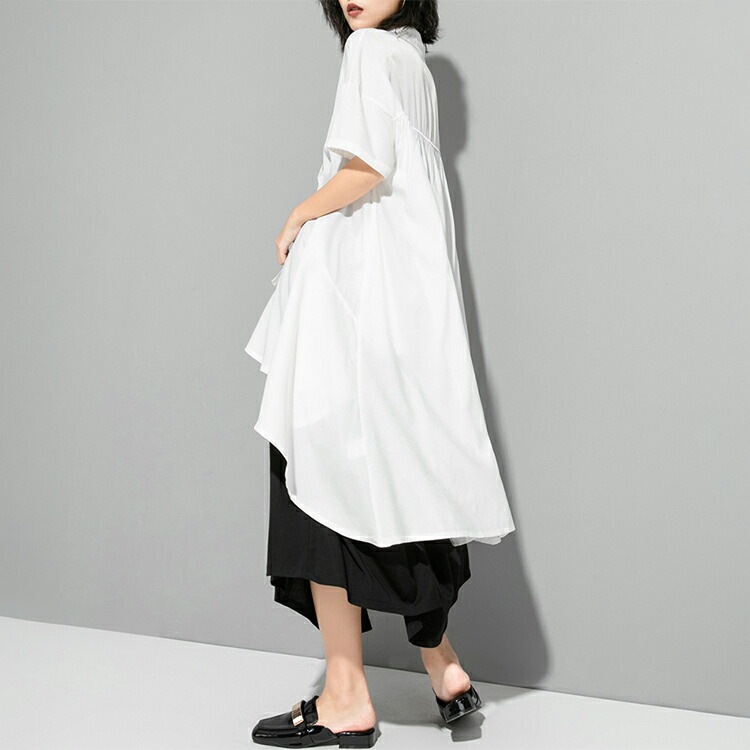 アシンメトリー トップス レディース春 夏 半袖 シャツ 上品 ダブルフリル フィッシュテール シャツワンピース ティアード ヘムカット ワンピ イレギュラーヘム ゴシック モード系 黒 白 プレゼン アシンメトリー トップス レディース春 夏 半袖 シャツ 上品 ダブルフリル フィッシュテール シャツワンピース ティアード ヘムカット ワンピ イレギュラーヘム ゴシック モード系 黒 白 プレゼン