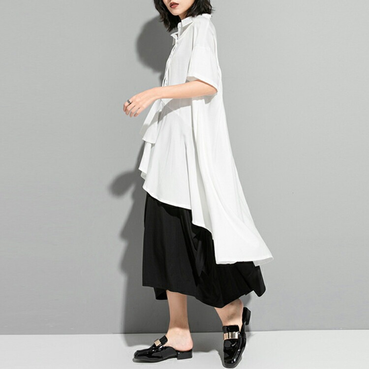 アシンメトリー トップス レディース春 夏 半袖 シャツ 上品 ダブルフリル フィッシュテール シャツワンピース ティアード ヘムカット ワンピ イレギュラーヘム ゴシック モード系 黒 白 プレゼン アシンメトリー トップス レディース春 夏 半袖 シャツ 上品 ダブルフリル フィッシュテール シャツワンピース ティアード ヘムカット ワンピ イレギュラーヘム ゴシック モード系 黒 白 プレゼン