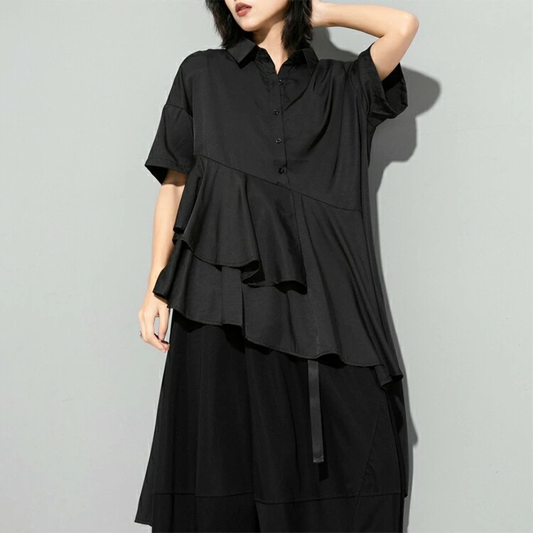 アシンメトリー トップス レディース春 夏 半袖 シャツ 上品 ダブルフリル フィッシュテール シャツワンピース ティアード ヘムカット ワンピ イレギュラーヘム ゴシック モード系 黒 白 プレゼン アシンメトリー トップス レディース春 夏 半袖 シャツ 上品 ダブルフリル フィッシュテール シャツワンピース ティアード ヘムカット ワンピ イレギュラーヘム ゴシック モード系 黒 白 プレゼン