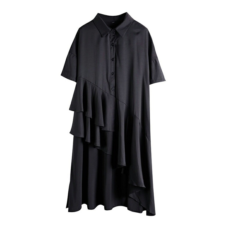 アシンメトリー トップス レディース春 夏 半袖 シャツ 上品 ダブルフリル フィッシュテール シャツワンピース ティアード ヘムカット ワンピ イレギュラーヘム ゴシック モード系 黒 白 プレゼン アシンメトリー トップス レディース春 夏 半袖 シャツ 上品 ダブルフリル フィッシュテール シャツワンピース ティアード ヘムカット ワンピ イレギュラーヘム ゴシック モード系 黒 白 プレゼン