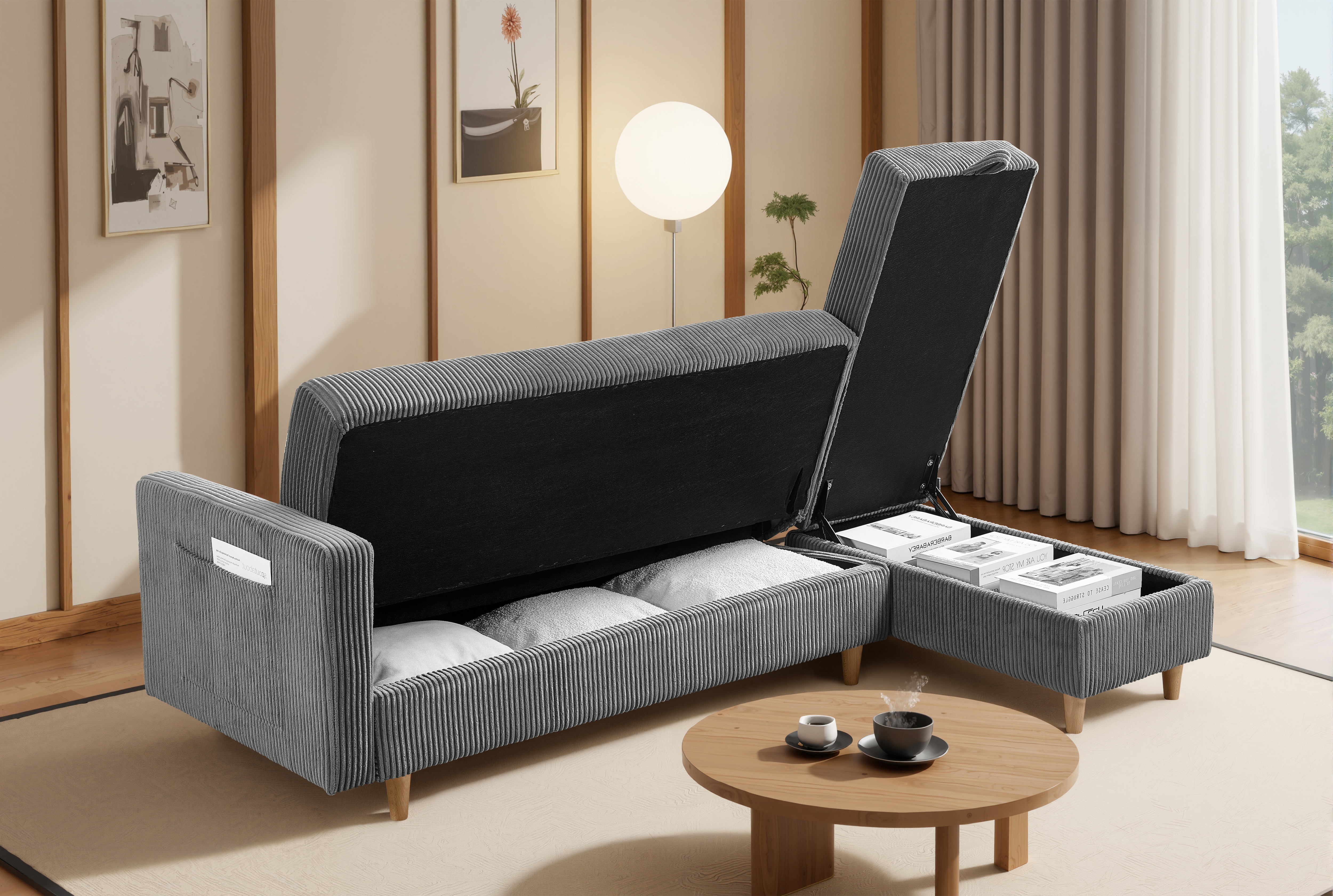 【国内発送.送.料.無.料！】ソファ ソファーベッド 3人掛け カウチソファ 多機能ソファ オットマン付き たくさん収納 レイアウト自由 左右側とも取り付けるアームレスト クッション2個 47