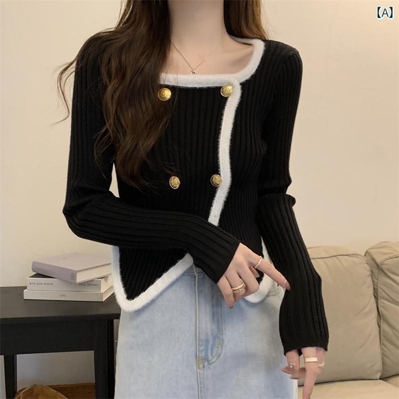 レディース トップス ニット オシャレ 韓国 スタイル カワイイ カジュアル セーター カーディガン 長袖 ニット 秋 冬 インナー デザイン ルーズ スクエア カラー ニット ボトム シャツ ショー