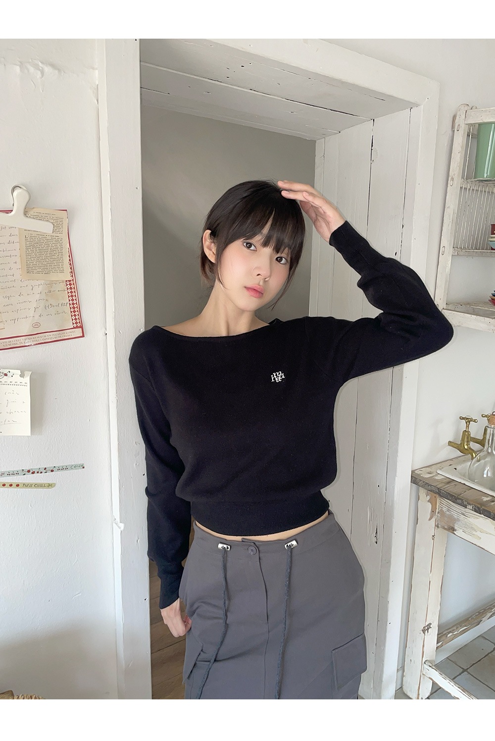 STITCH LOGO SOFT BOATNECK KNIT 4色 新商品 女性服 デイリールック 新商品 韓国人気 韓国ファッション シャツ 韓国スタイル 学生ファッション 肝節期