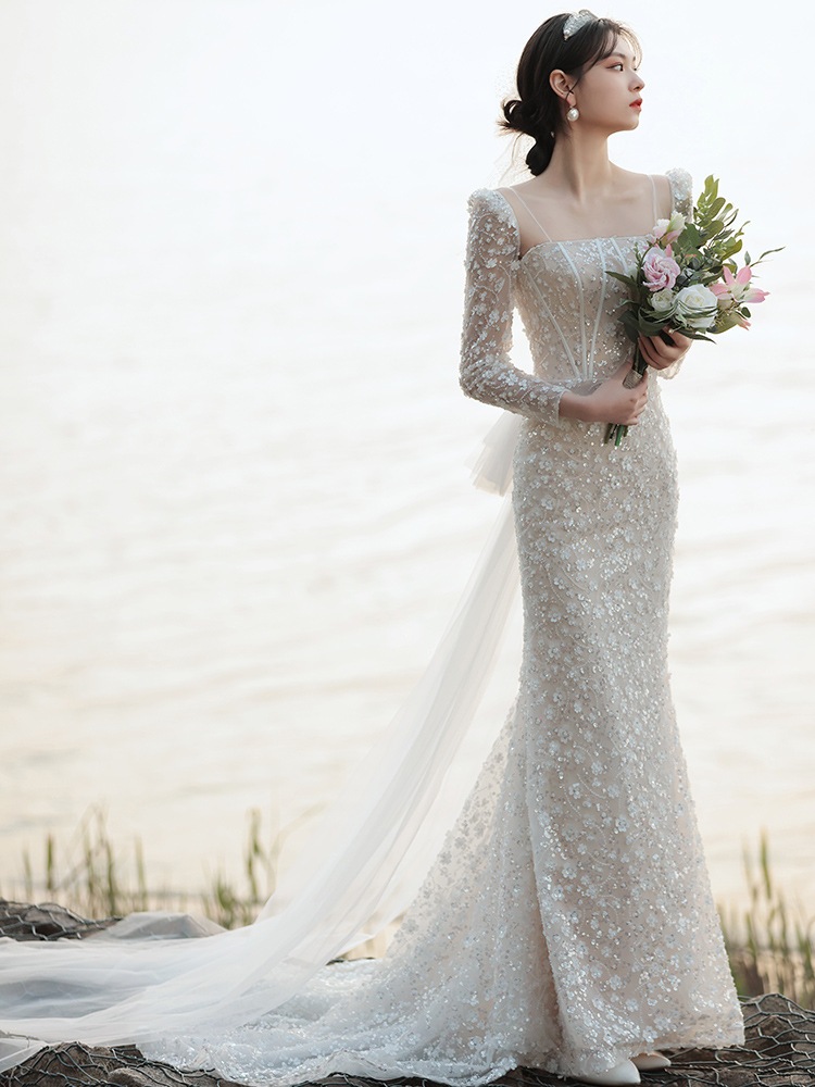 超高品質で人気の ウエディングドレス,結婚式 ドレス,パーティードレス,ロングワンピース,ドレス ロングドレス,パーティードレス  結婚式フランス式の軽いウエディングドレスの夏娘の気質シンプルな王女魚の尾の結婚礼装ス ドレス 