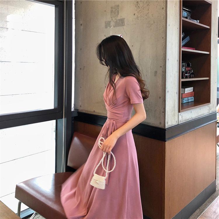 Vネック 重ね着風 シャツワンピ フレアスカート レトロ 上品 ショッピングゴー shoppinggo ワンピース Vネック ロングフレア