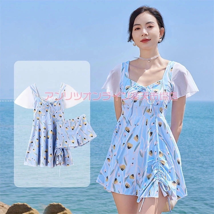 水着 レディース ママ水着 花柄 2点セット レディース水着 ブラック ブルー ワンピース型 短パン 水着 スイムウェア 日焼け防止 お洒落 お腹 セパレート パッド付き プール ビーチ スホリデー