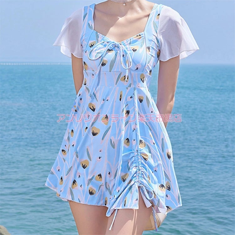 水着 レディース ママ水着 花柄 2点セット レディース水着 ブラック ブルー ワンピース型 短パン 水着 スイムウェア 日焼け防止 お洒落 お腹 セパレート パッド付き プール ビーチ スホリデー