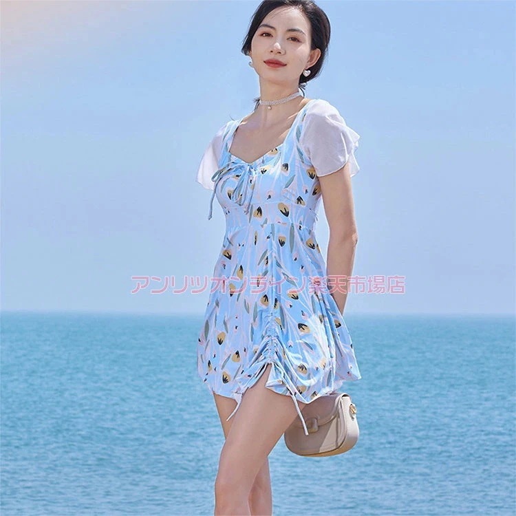 水着 レディース ママ水着 花柄 2点セット レディース水着 ブラック ブルー ワンピース型 短パン 水着 スイムウェア 日焼け防止 お洒落 お腹 セパレート パッド付き プール ビーチ スホリデー