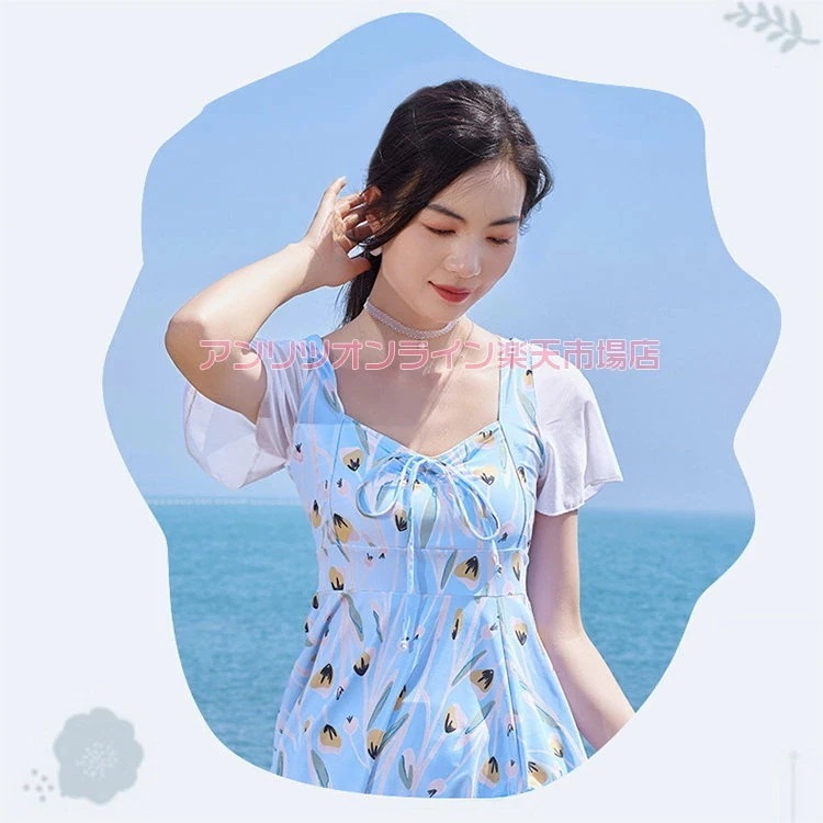 水着 レディース ママ水着 花柄 2点セット レディース水着 ブラック ブルー ワンピース型 短パン 水着 スイムウェア 日焼け防止 お洒落 お腹 セパレート パッド付き プール ビーチ スホリデー