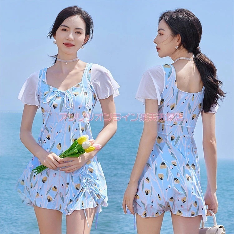 水着 レディース ママ水着 花柄 2点セット レディース水着 ブラック ブルー ワンピース型 短パン 水着 スイムウェア 日焼け防止 お洒落 お腹 セパレート パッド付き プール ビーチ スホリデー