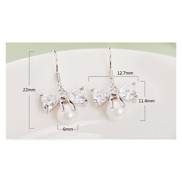 フックピアス レディース 貝パール ハート リボン 揺れるダイヤ プラチナ仕上げ/シルバー925 cz 彼女 クリスマス プレゼント
