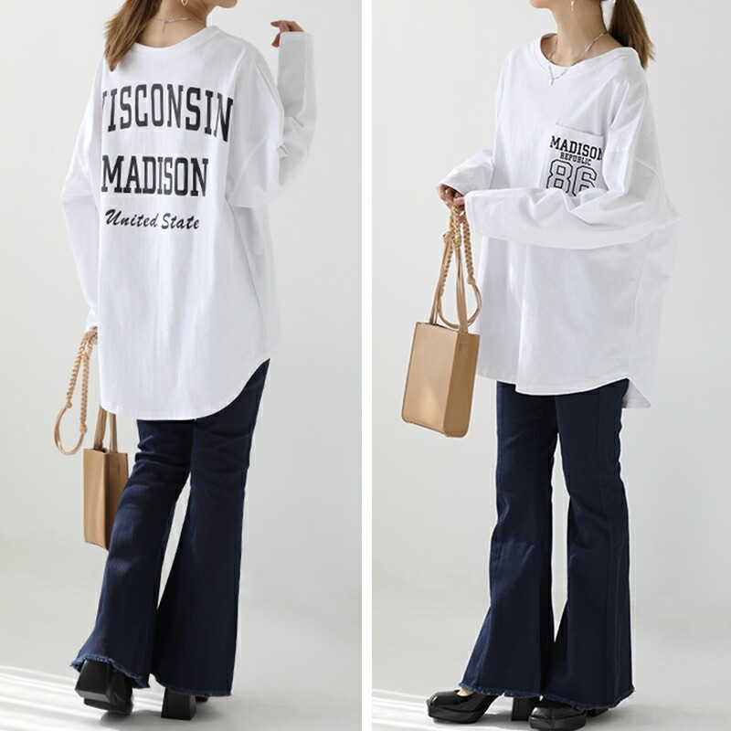 【OUTLET！クーポンで972円】 カレッジロゴ カットソー バックプリント 10色 ラウンドカット レイヤード Tシャツ トップス 長袖 カラバリ ママコーデ レディース 20代 30代 40代