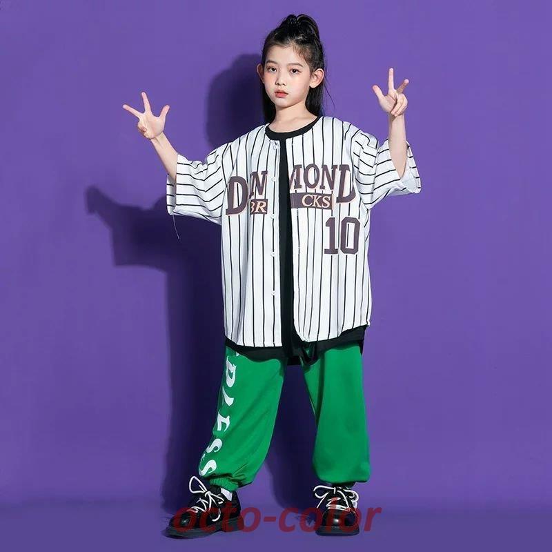 キッズ ダンス衣装 セットアップ ゆるシャツ 半袖 男の子 女の子 ストライプ柄 ガールズ 韓国 子供服 シャツ カラフル ダンス 衣装 ヒップホップ キッズ ダンス