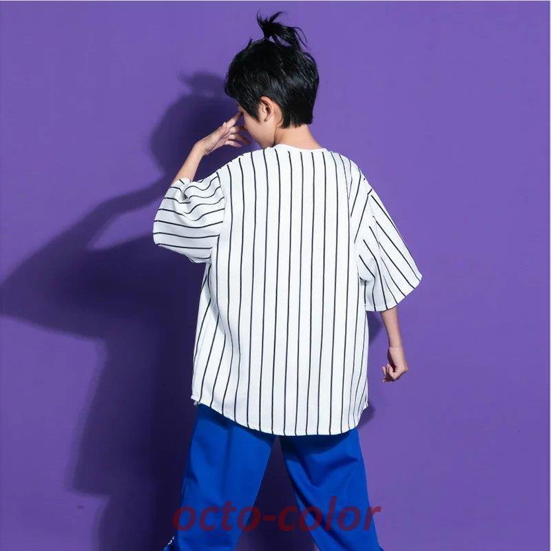 キッズ ダンス衣装 セットアップ ゆるシャツ 半袖 男の子 女の子 ストライプ柄 ガールズ 韓国 子供服 シャツ カラフル ダンス 衣装 ヒップホップ キッズ ダンス