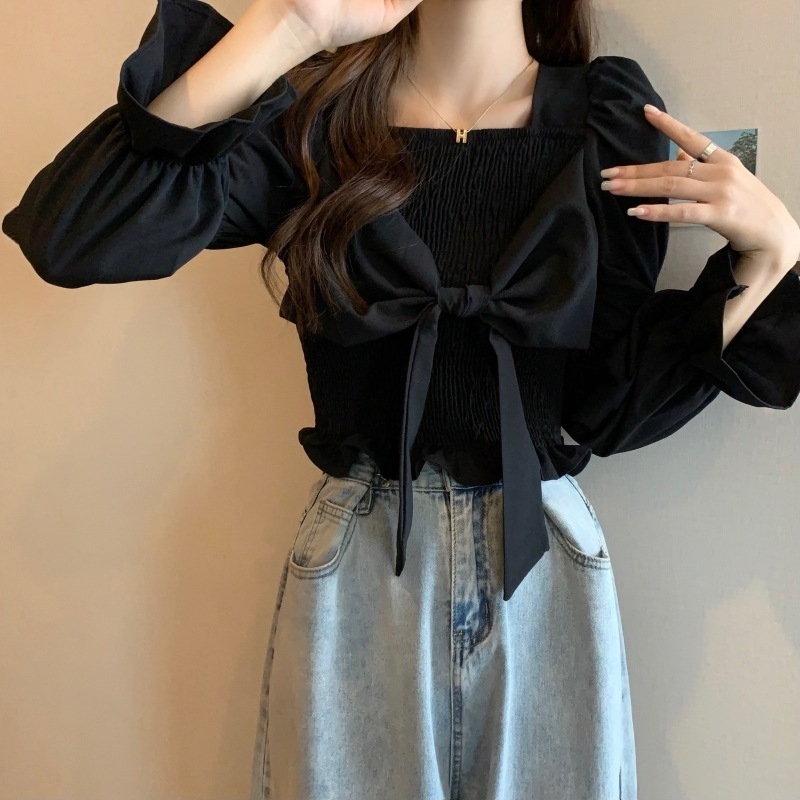 トップス シャツ ブラウス カットソー ブラウス 長袖 レディース パフスリーブ フェミニン リボン シンプル カジュアル 大人 おしゃれ 大人女子 キュート 存在感 とろみ感 無地 春 秋