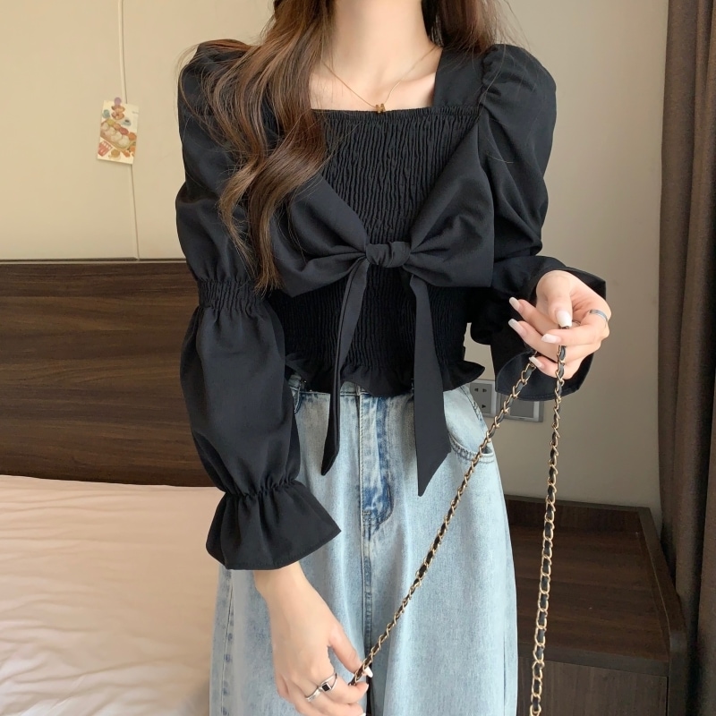 トップス シャツ ブラウス カットソー ブラウス 長袖 レディース パフスリーブ フェミニン リボン シンプル カジュアル 大人 おしゃれ 大人女子 キュート 存在感 とろみ感 無地 春 秋
