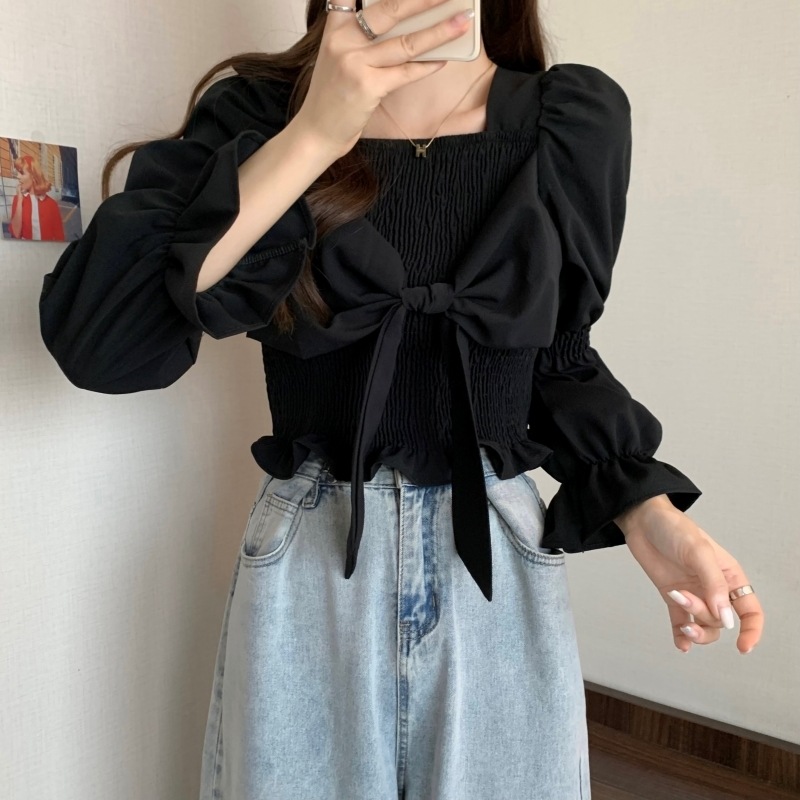 トップス シャツ ブラウス カットソー ブラウス 長袖 レディース パフスリーブ フェミニン リボン シンプル カジュアル 大人 おしゃれ 大人女子 キュート 存在感 とろみ感 無地 春 秋