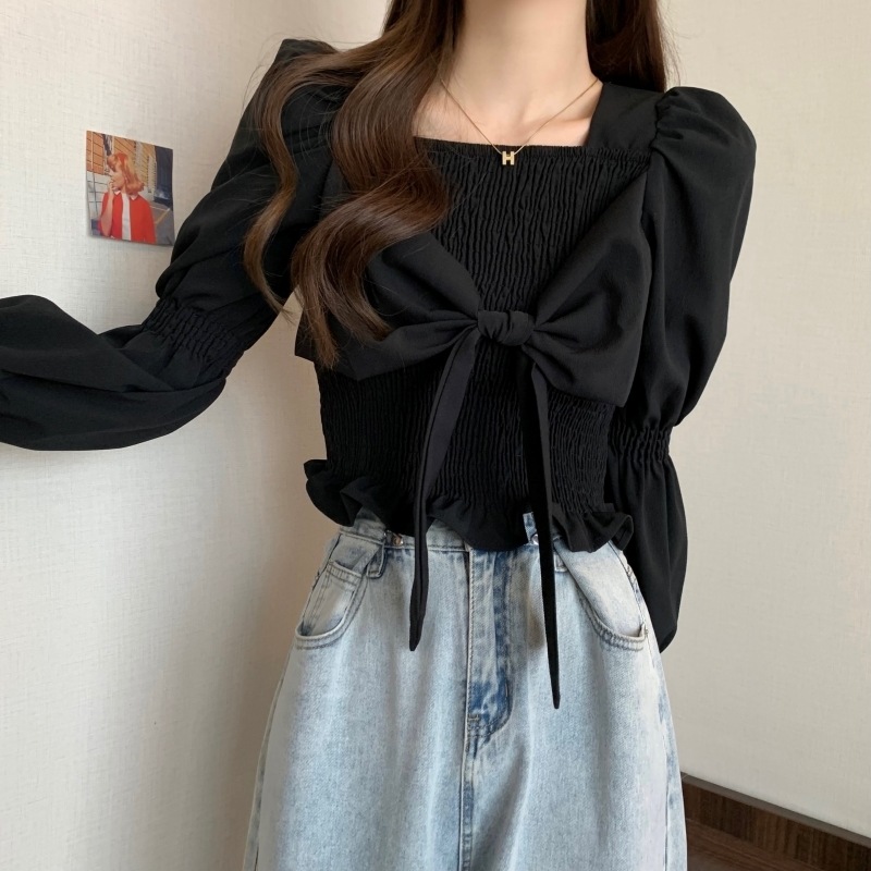 トップス シャツ ブラウス カットソー ブラウス 長袖 レディース パフスリーブ フェミニン リボン シンプル カジュアル 大人 おしゃれ 大人女子 キュート 存在感 とろみ感 無地 春 秋