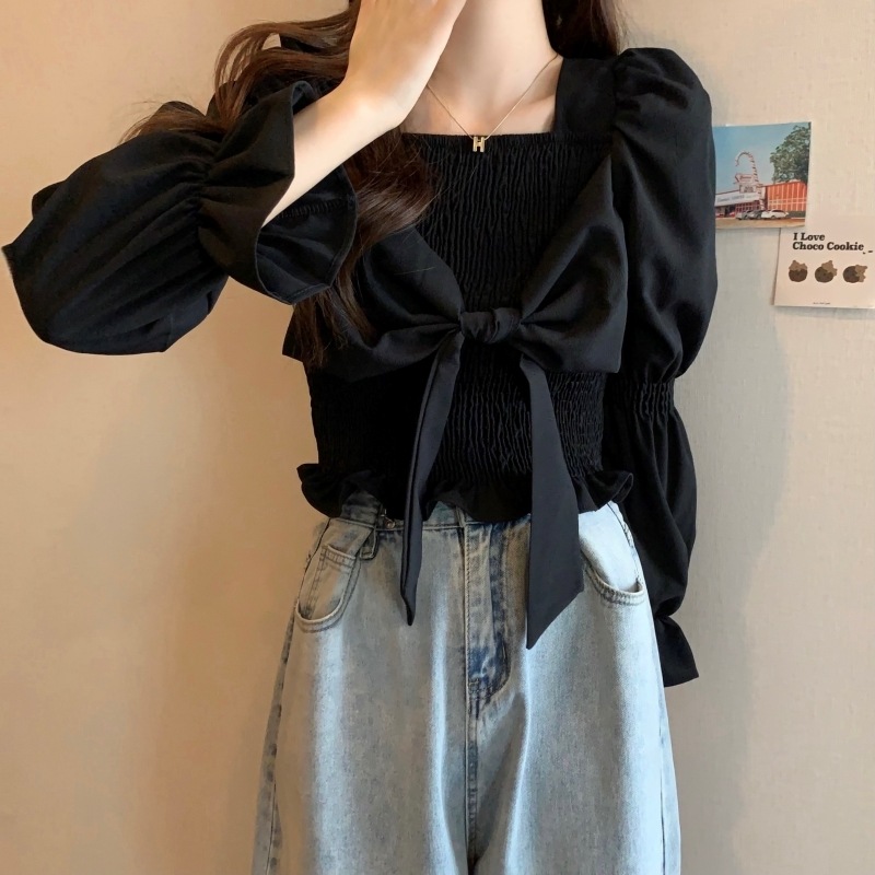 トップス シャツ ブラウス カットソー ブラウス 長袖 レディース パフスリーブ フェミニン リボン シンプル カジュアル 大人 おしゃれ 大人女子 キュート 存在感 とろみ感 無地 春 秋