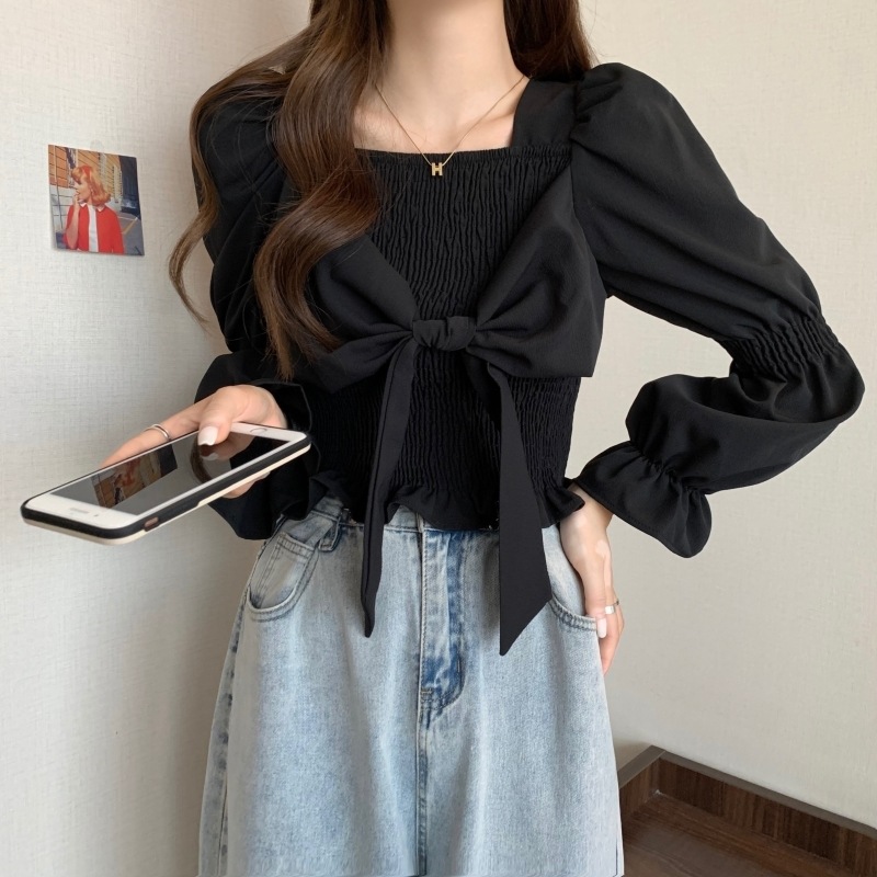トップス シャツ ブラウス カットソー ブラウス 長袖 レディース パフスリーブ フェミニン リボン シンプル カジュアル 大人 おしゃれ 大人女子 キュート 存在感 とろみ感 無地 春 秋