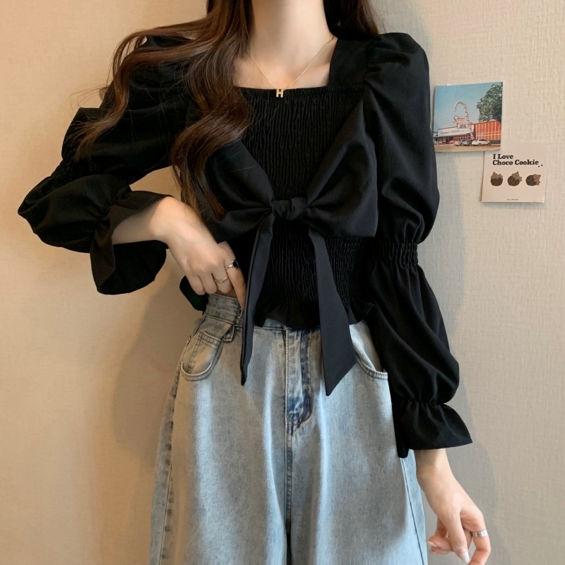 トップス シャツ ブラウス カットソー ブラウス 長袖 レディース パフスリーブ フェミニン リボン シンプル カジュアル 大人 おしゃれ 大人女子 キュート 存在感 とろみ感 無地 春 秋