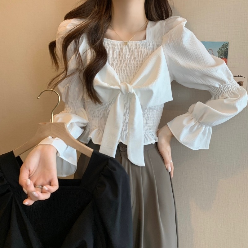 トップス シャツ ブラウス カットソー ブラウス 長袖 レディース パフスリーブ フェミニン リボン シンプル カジュアル 大人 おしゃれ 大人女子 キュート 存在感 とろみ感 無地 春 秋