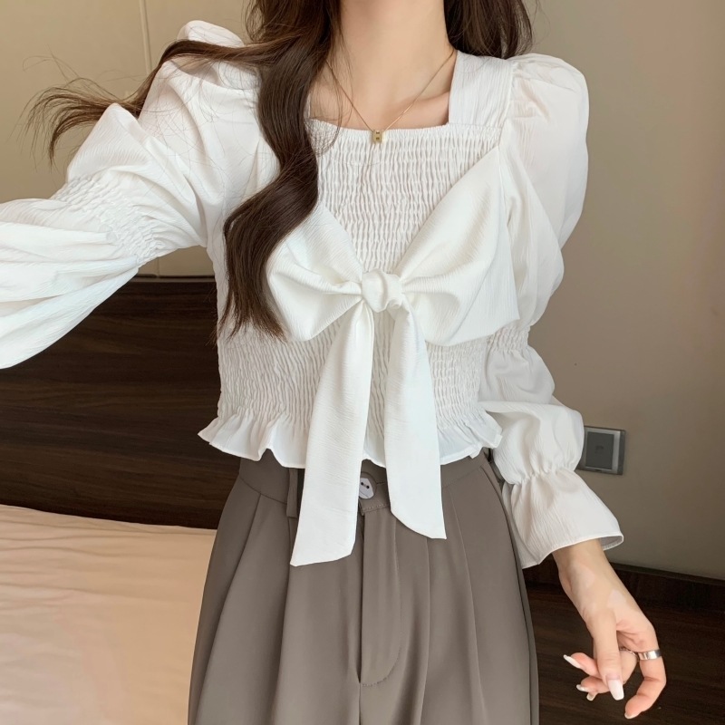 トップス シャツ ブラウス カットソー ブラウス 長袖 レディース パフスリーブ フェミニン リボン シンプル カジュアル 大人 おしゃれ 大人女子 キュート 存在感 とろみ感 無地 春 秋