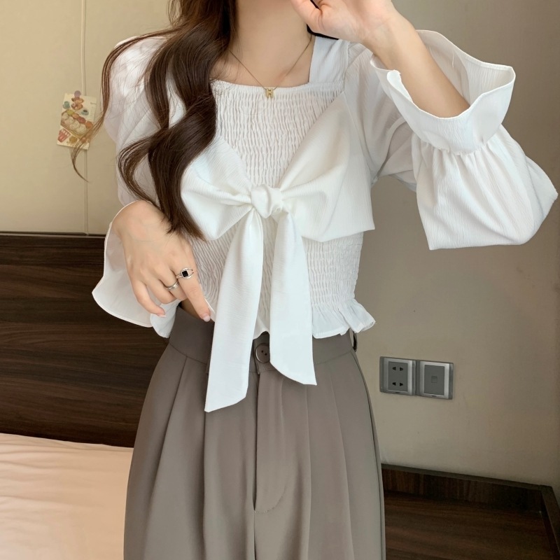 トップス シャツ ブラウス カットソー ブラウス 長袖 レディース パフスリーブ フェミニン リボン シンプル カジュアル 大人 おしゃれ 大人女子 キュート 存在感 とろみ感 無地 春 秋