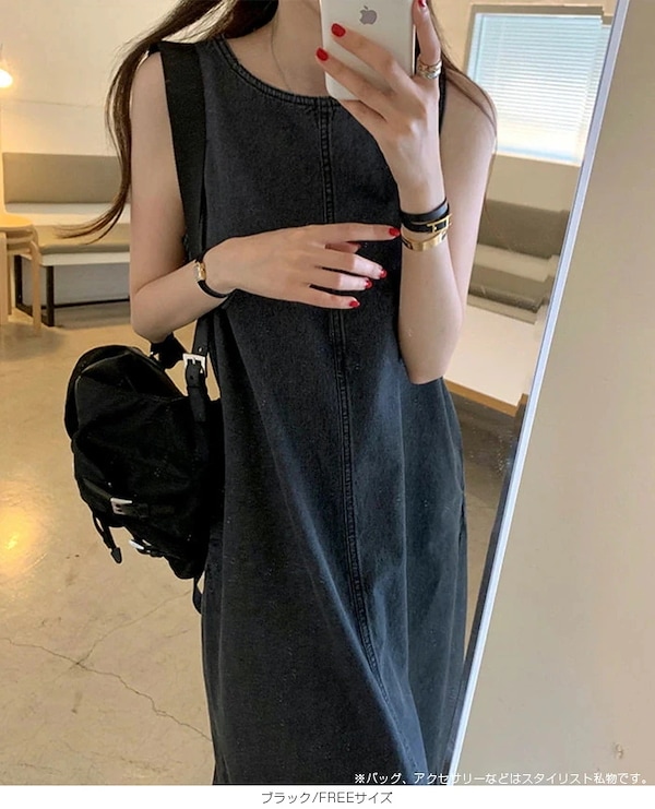 【n】ダークデニム ノースリーブタイトワンピース デニムワンピース ロングワンピース レディース 夏 ノースリーブ