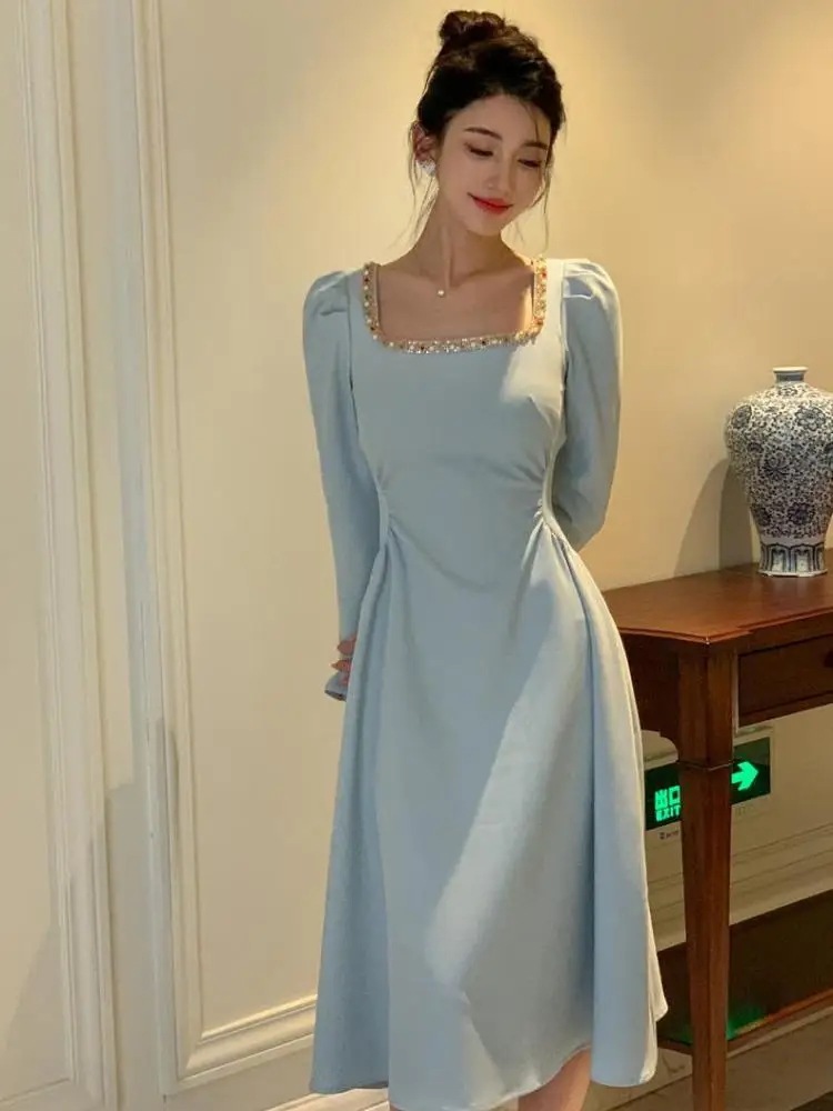 ジッパー付きの女性の肌に密着した正午のドレス,スクエアカラー,赤,青,オフィス,ファッショナブルな服,エレガント,イブニングパーティー,秋,韓国,2023 ジッパー付きの女性の肌に密着した正午のドレス,スクエアカラー,赤,青,オフィス,ファッショナブルな服,エレガント,イブニングパーティー,秋,韓国,2023