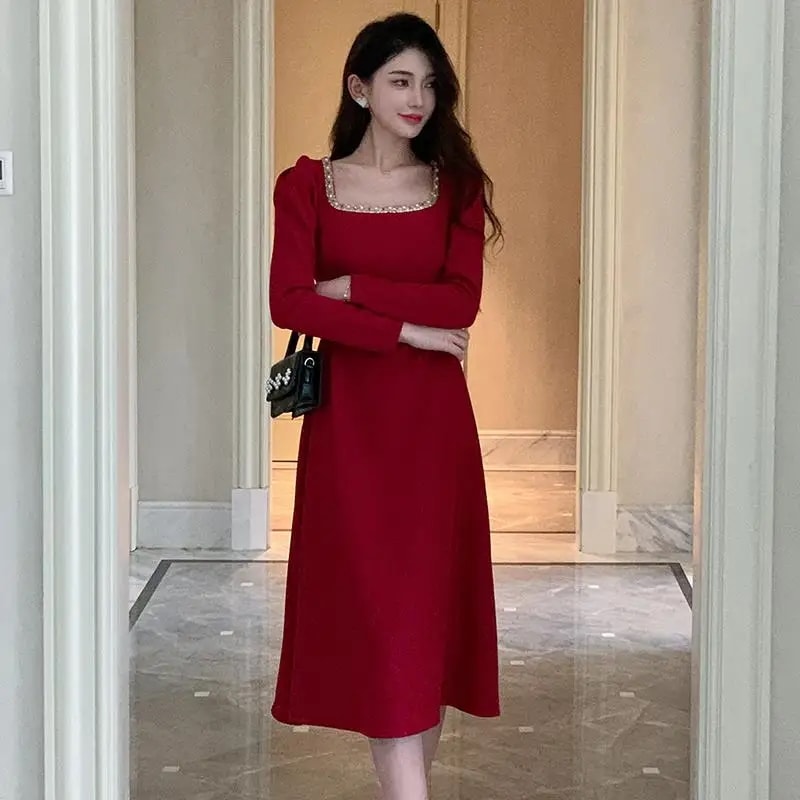 ジッパー付きの女性の肌に密着した正午のドレス,スクエアカラー,赤,青,オフィス,ファッショナブルな服,エレガント,イブニングパーティー,秋,韓国,2023 ジッパー付きの女性の肌に密着した正午のドレス,スクエアカラー,赤,青,オフィス,ファッショナブルな服,エレガント,イブニングパーティー,秋,韓国,2023