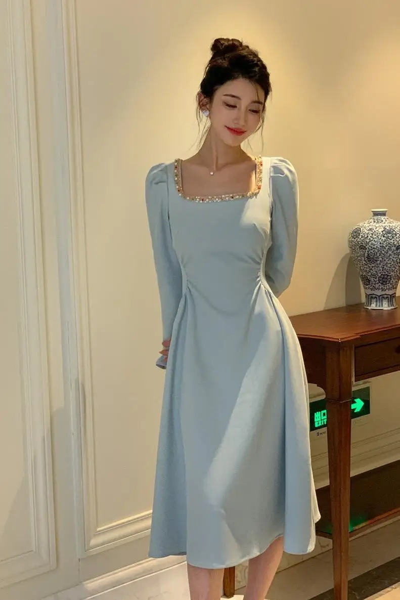 ジッパー付きの女性の肌に密着した正午のドレス,スクエアカラー,赤,青,オフィス,ファッショナブルな服,エレガント,イブニングパーティー,秋,韓国,2023 ジッパー付きの女性の肌に密着した正午のドレス,スクエアカラー,赤,青,オフィス,ファッショナブルな服,エレガント,イブニングパーティー,秋,韓国,2023