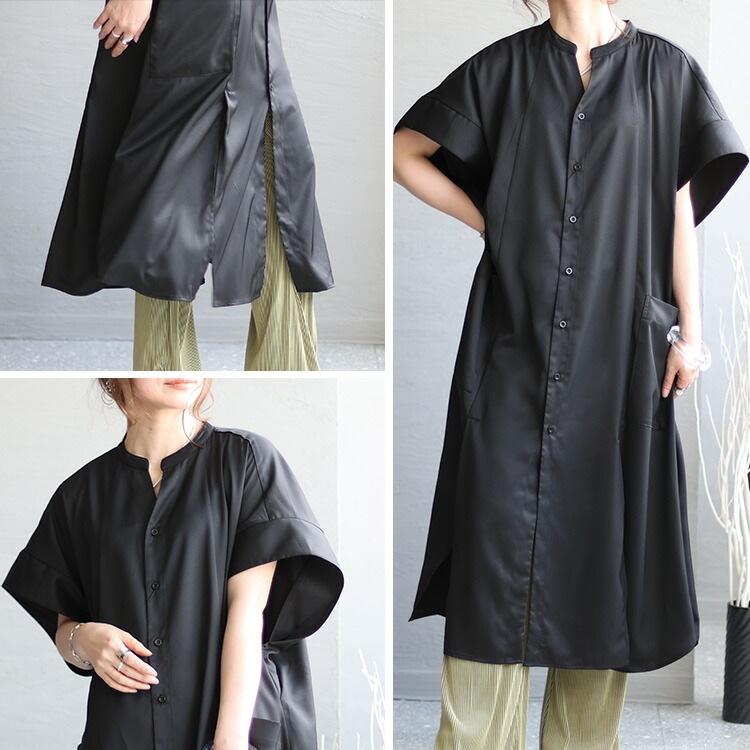 大きいサイズ レディース トップス シャツ ブラウス オーバーサイズシャツ ロングシャツ スキッパーシャツ 半袖 ロング スキッパー スリット ボタン タック ポケット フレア オーバーサイズ 無地