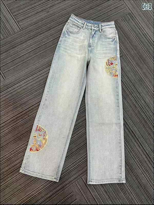 デニムパンツ レディース ジーンズ 中国風 刺繍 ストレート ワイド スリム ウォッシュ ブルー デニムパンツ レディース ジーンズ 中国風 刺繍 ストレート ワイド スリム ウォッシュ ブルー