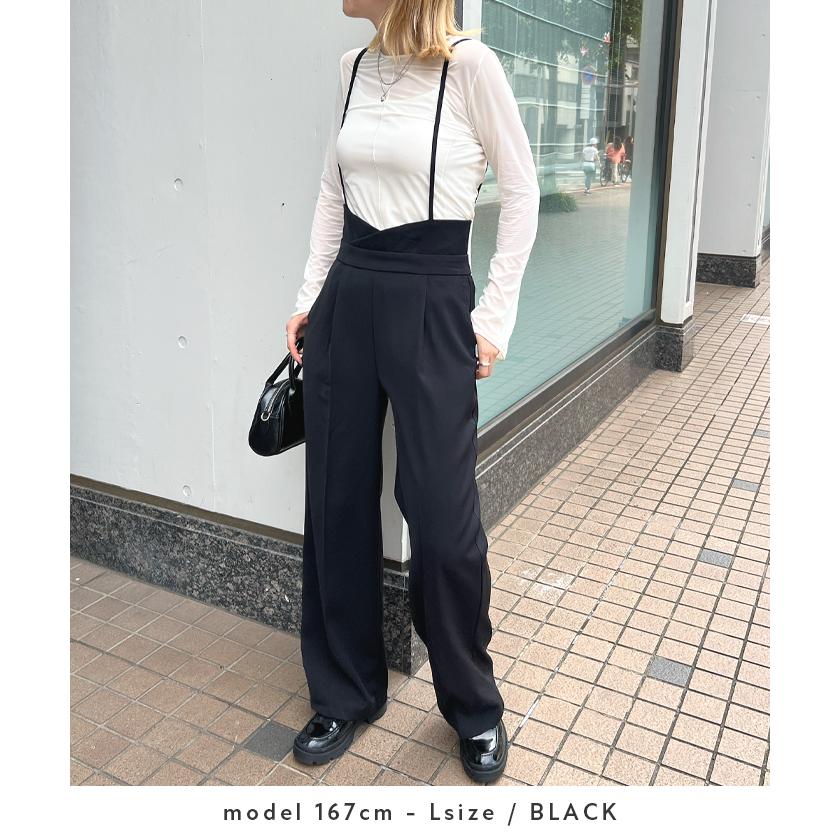 パンツ スラックス ハイウエスト サロペット タック ワイドパンツ レディース 上品 きれいめ オフィスカジュアル / ハイウエストキャミサロペットスラックス